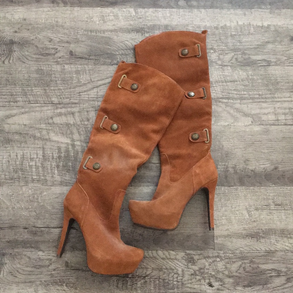 Tan suede platform high heel knee boots